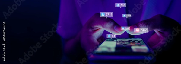 Obraz business woman using smartphone ,icons social media fly over showing people engagement connection through social network application platform,Concept viral video and social media marketing