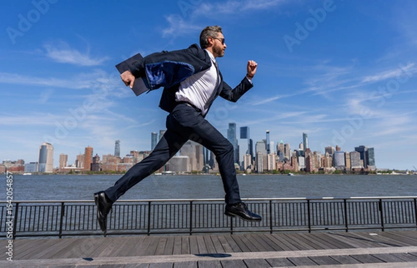 Obraz Successful businessman hurrying on New York city skyline. Business man in Manhattan. Business success in big city. Businessman running to success. Business success. Late meeting