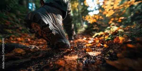 Fototapeta The hiking boot stepping on a scenic autumn forest trail.