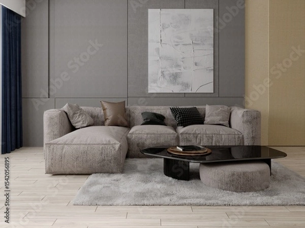 Fototapeta Mock up of a superb living room with a comfortable corner sofa and a trendy decorative background, 3D rendering.