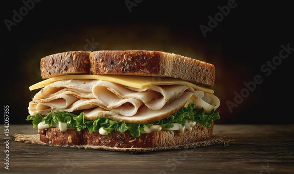 Obraz A mouthwatering turkey and cheese sandwich, layered with crisp lettuce, sits on rustic wood. The hearty grain bread adds a delightful texture.