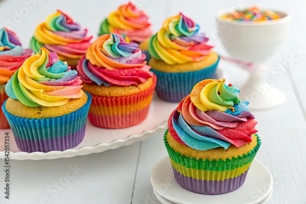 Fototapeta Colorful rainbow cupcakes with vibrant frosting displayed on a white table, festive setting
