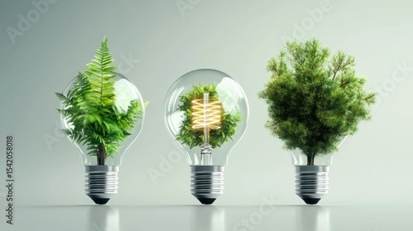 Obraz A creative representation of lightbulbs with lush green plants and foliage inside, symbolizing the fusion of nature and energy innovation for a sustainable future.