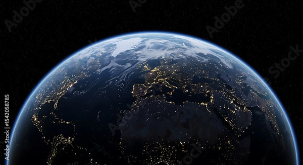 Fototapeta Stunning 3d render of planet earth highlighting city lights in a dark space