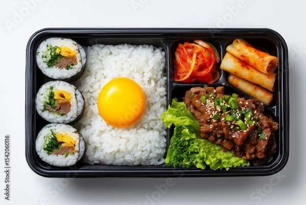 Obraz Flat lay of Korean dosirak lunchbox with rice, bulgogi, egg roll and vegetables, isolated on white background.