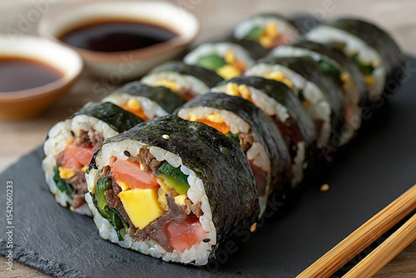 Obraz Gimbap rolls neatly sliced on slate plate with chopsticks and soy sauce.