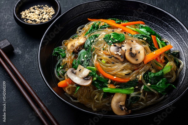 Obraz Korean noodle dish japchae with glass noodles, mushrooms, spinach, and carrots on black plate.