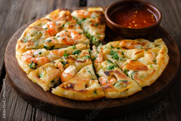 Obraz Korean seafood pancake (haemul pajeon) on a wooden plate with dipping sauce, traditional setting.
