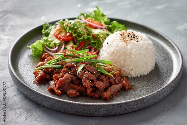Obraz Minimalist plating of Korean bulgogi with rice and salad on a matte ceramic plate.