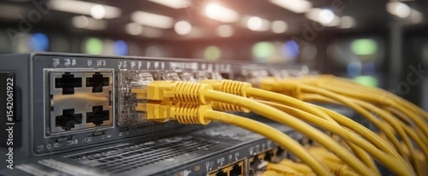Fototapeta The modern network server with connected yellow ethernet cables in a data center
