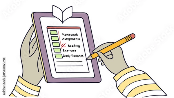 Fototapeta Person completing a checklist with homework assignments reading exercise and daily routines on a clipboard