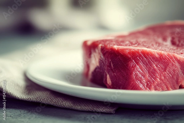 Fototapeta Raw beef sirloin steak on a clean white plate. Close-up detail showing texture and marbling