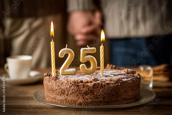 Obraz Anniversary cake with candles and "Happy 25th Anniversary" written on it, couple holding hands in background.