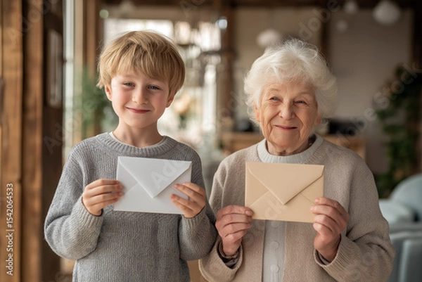 Obraz Smiling young boy and elderly woman stand side by side indoors, each holding an envelope, sharing a sweet moment that suggests a special card exchange or celebration.