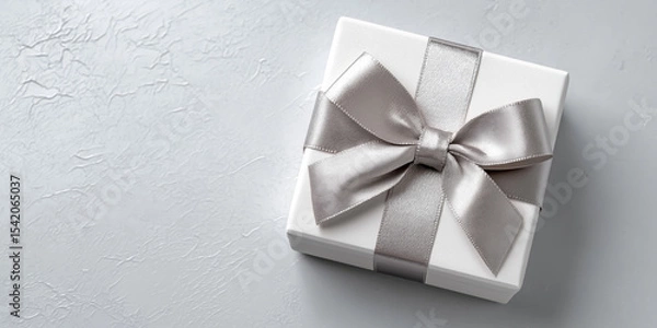 Obraz Gift box with satin ribbon on a light grey surface, elegant and simple anniversary concept, top view, minimal shadows.