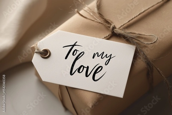 Obraz Gift tag with "To my love" written in simple calligraphy, tied to a neutral-colored wrapped box, white background, minimal presentation.