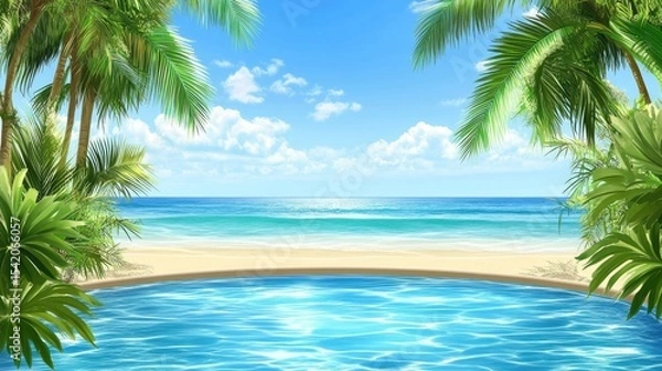 Fototapeta A serene tropical beach scene with clear blue water, palm trees, and a bright sky. The ocean meets the sandy shore, creating a peaceful atmosphere.