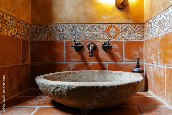 Obraz Mediterranean-style bathroom with handcrafted terracotta tiles, a rustic stone sink, warm lighting, and vintage bronze fixtures.