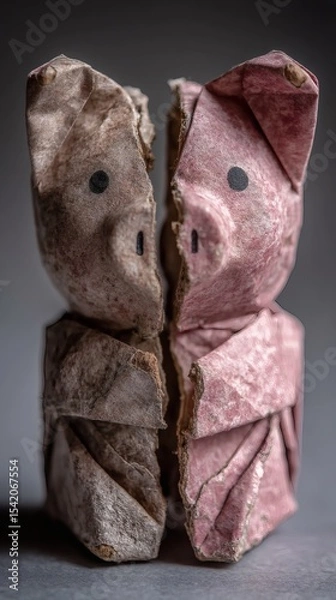 Fototapeta origami piggy bank half torn apart representing self-sabotaging budget behavior conceptual image side copy space