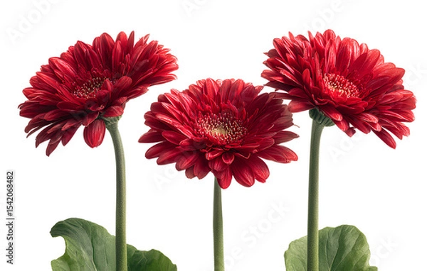 Fototapeta 3 red gerbera daisies with long stems and green leaves on an isolated transparent background