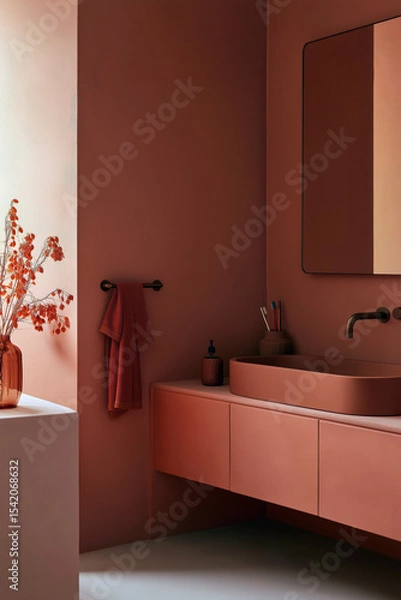 Obraz Monochrome bathroom with terracotta shades, a matching matte-finish bathtub and sink, elegant wooden storage cabinets.