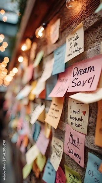 Fototapeta dream board made of sticky notes with budget labels and savings icons taped to clean wall soft lighting side copy space