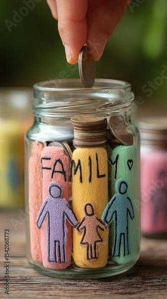 Fototapeta hand placing coin into jar while thought bubble above shows family and home soft pastel palette symbolic layout side copy space