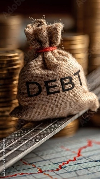 Fototapeta tightrope walker balancing heavy bag labeled debt over financial chart symbolizing risky debt handling side copy space