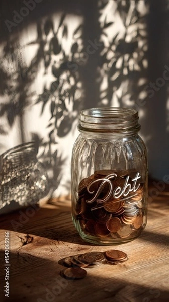 Fototapeta hand placing coins into jar while shadow on wall forms the word debt hinting smart financial habits side copy space