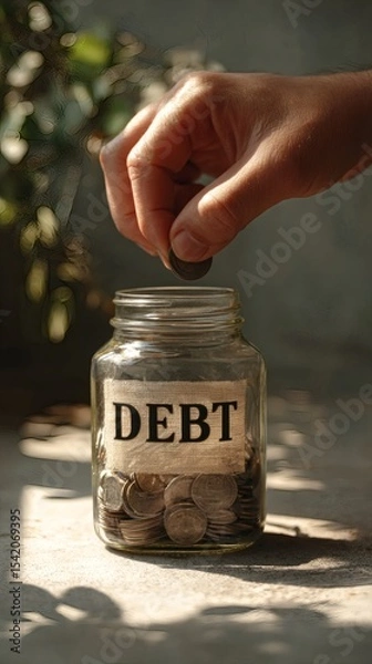 Fototapeta hand placing coins into jar while shadow on wall forms the word debt hinting smart financial habits side copy space