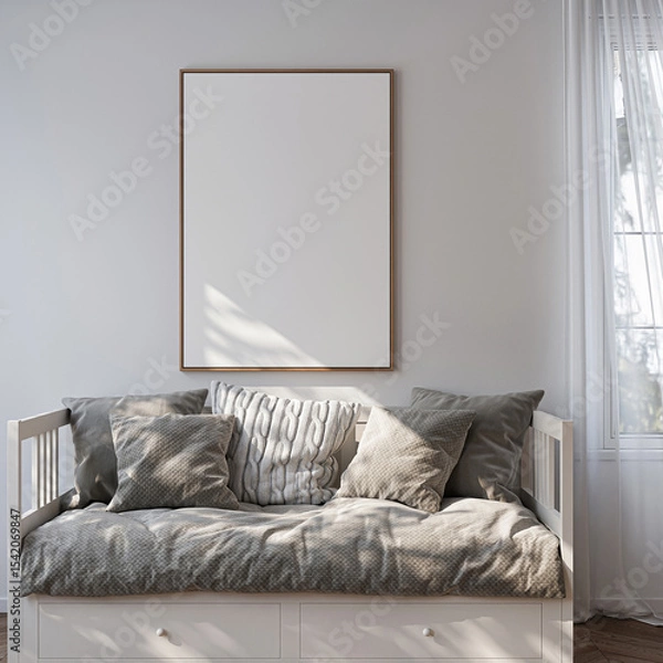 Fototapeta Frame mockup, ISO A paper size. Living room wall poster mockup. Interior mockup with house background. Modern interior design. 3D render
