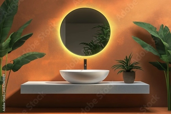 Obraz Small but stylish bathroom with a terracotta accent wall, a modern round mirror with backlighting, a white vessel sink, and green plants for contrast.