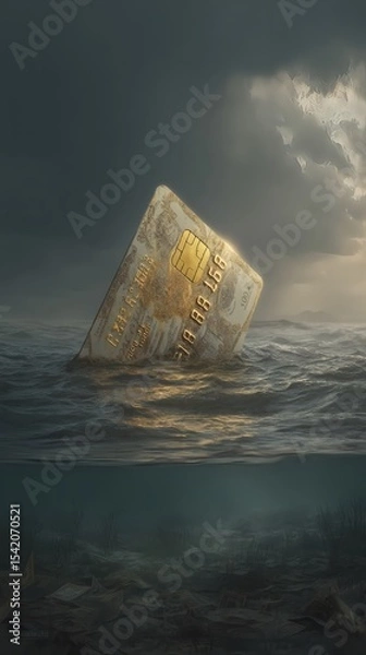 Fototapeta credit card sinking into quicksand of overdue bills surreal imagery of financial mismanagement side copy space
