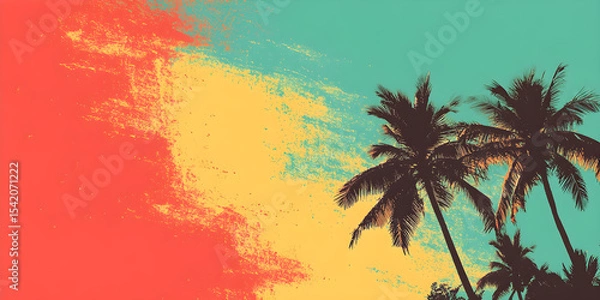 Fototapeta The silhouettes of two coconut trees on the right side on a grunge background using reggae colors give a feeling of a summer evening.