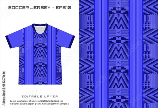 Fototapeta Blue soccer jersey design with geometric patterns and vertical stripes