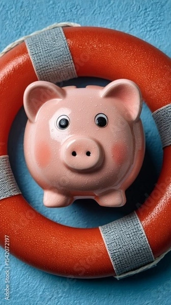 Fototapeta life buoy wrapped around piggy bank floating on abstract blue background financial safety metaphor side copy space