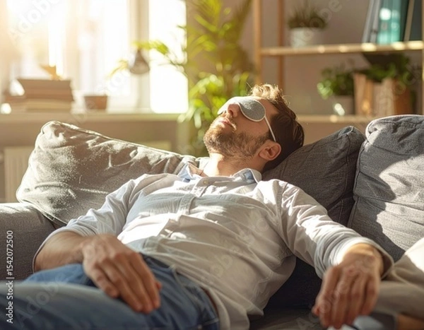 Fototapeta Man Sleeping on Couch with Eye Mask in Sunny Living Room