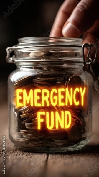 Fototapeta hand opening drawer labeled emergency fund with glowing light inside conceptual hope metaphor side copy space