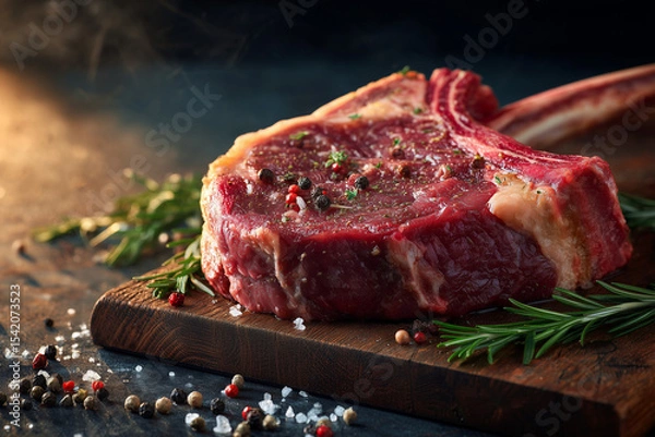 Fototapeta A raw tomahawk steak with bone on a wooden board, surrounded by peppercorns and rosemary.