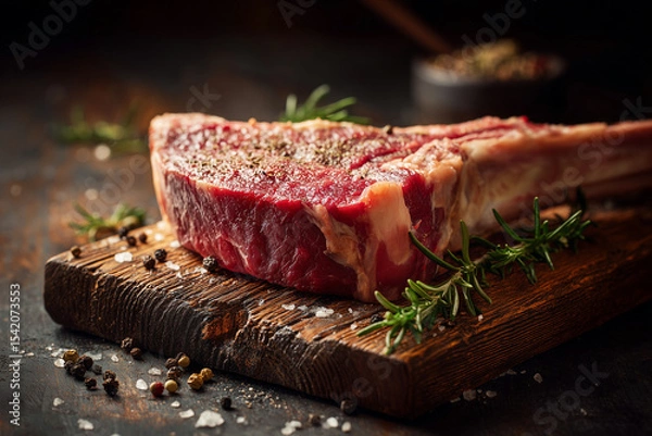 Fototapeta A raw tomahawk steak with bone on a wooden board, surrounded by peppercorns and rosemary.