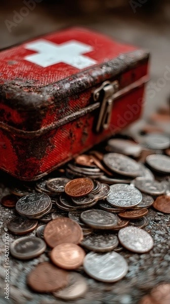 Fototapeta first aid kit spilling coins instead of supplies conceptual blend of health and finance emergency side copy space