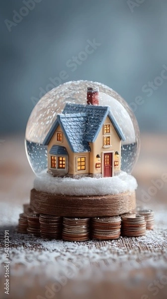 Fototapeta tiny house sitting on pile of coins inside snow globe symbolic shelter during financial storm side copy space