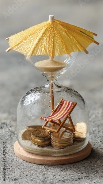 Fototapeta hourglass with golden coins slowly falling into miniature beach chair and umbrella symbol of retirement savings