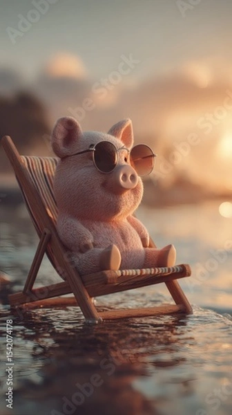 Fototapeta piggy bank wearing reading glasses seated on deck chair abstract visual of smart saving for retirement
