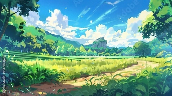 Fototapeta An anime-style illustration of a green meadow with a dirt path, trees and mountains in the background.