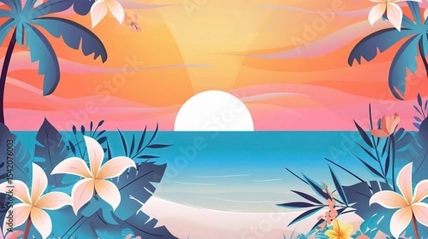 Fototapeta Beach sunset with palm trees and flowers, flat design illustration,  it is suitable for digital art or animation. 
