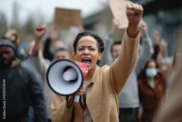 Fototapeta Empowered woman with megaphone leading protest, raising her fist in solidarity. crowd behind her shows support, creating powerful atmosphere of activism and unity