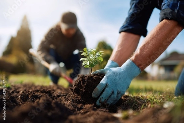 Fototapeta Planting young tree in garden, hands covered in soil, showcasing connection to nature and importance of environmental care. scene captures moment of growth and nurturing