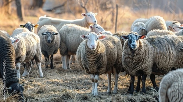 Fototapeta Flock of sheep standing in the field, all different breeds and colors. 