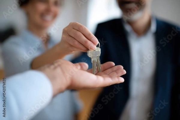 Fototapeta Happy real estate agent is handing over keys to new homeowner, symbolizing successful property transaction. joyful expressions reflect excitement and satisfaction in this moment
